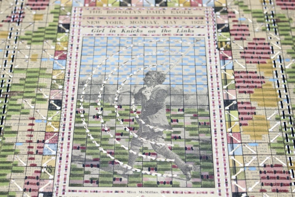 a detail of a collaged artwork made from found papers and a vintage newspaper with a photo of a woman in a garden