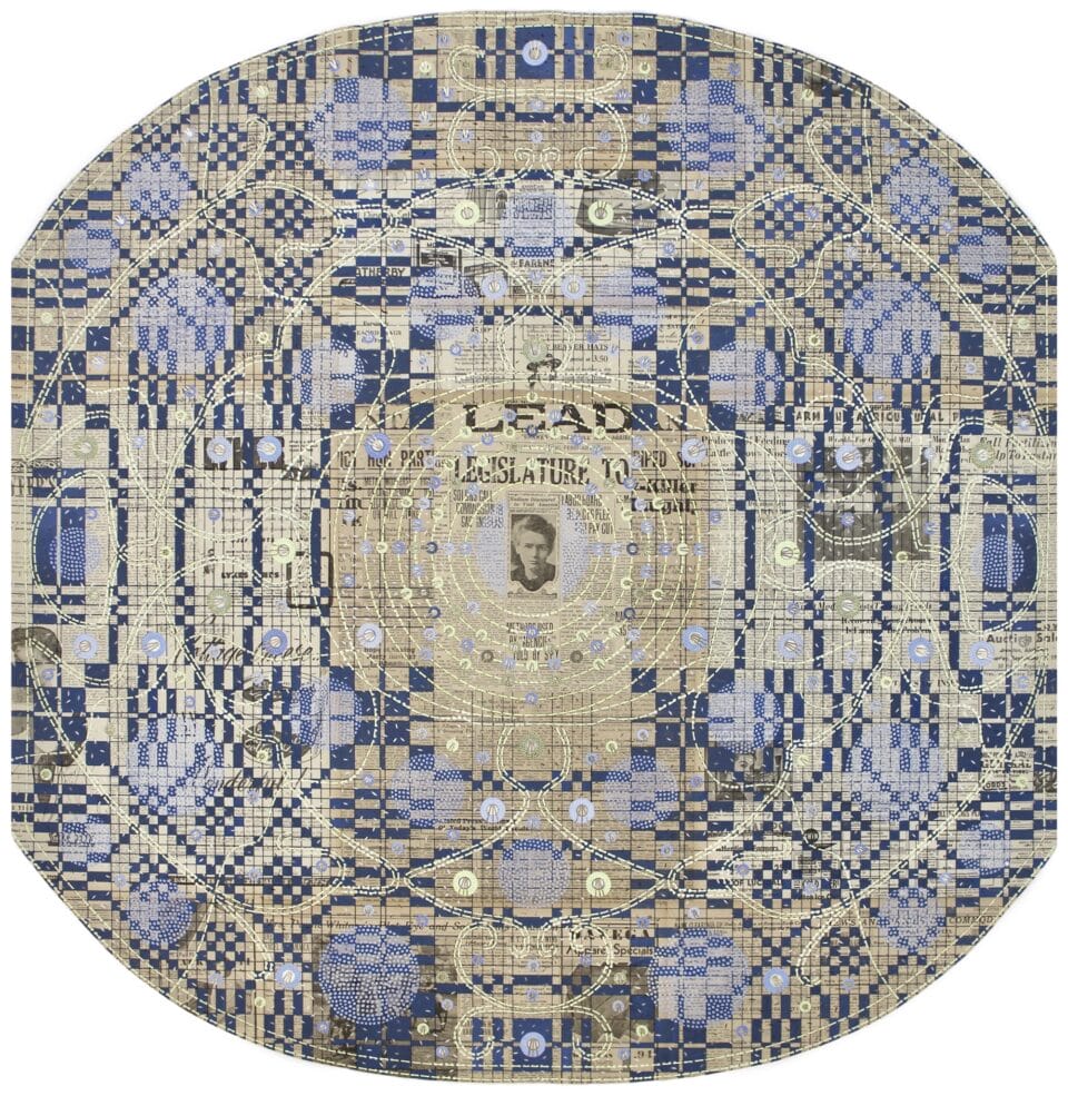 a paper collage artwork made from a vintage newspaper, drawings, and acrylic to create a geometric weaving with a photo in the center