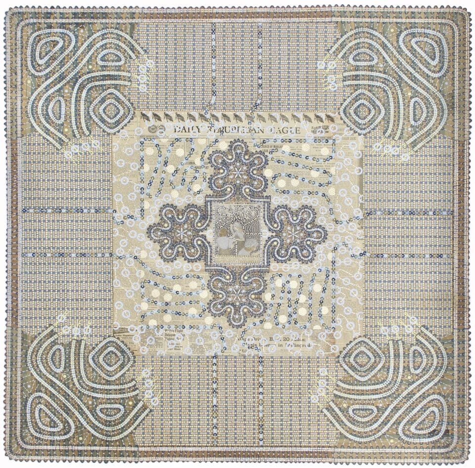 a paper collage artwork made from a vintage newspaper, drawings, and acrylic to create a geometric weaving with a photo in the center