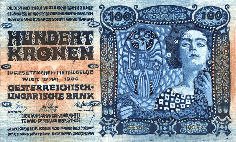 Draft artwork for 100-Crown note showing an Art Nouveau style woman on the right in blue and brown, designed for the Austro-Hungarian Bank, by Koloman Moser in 1900