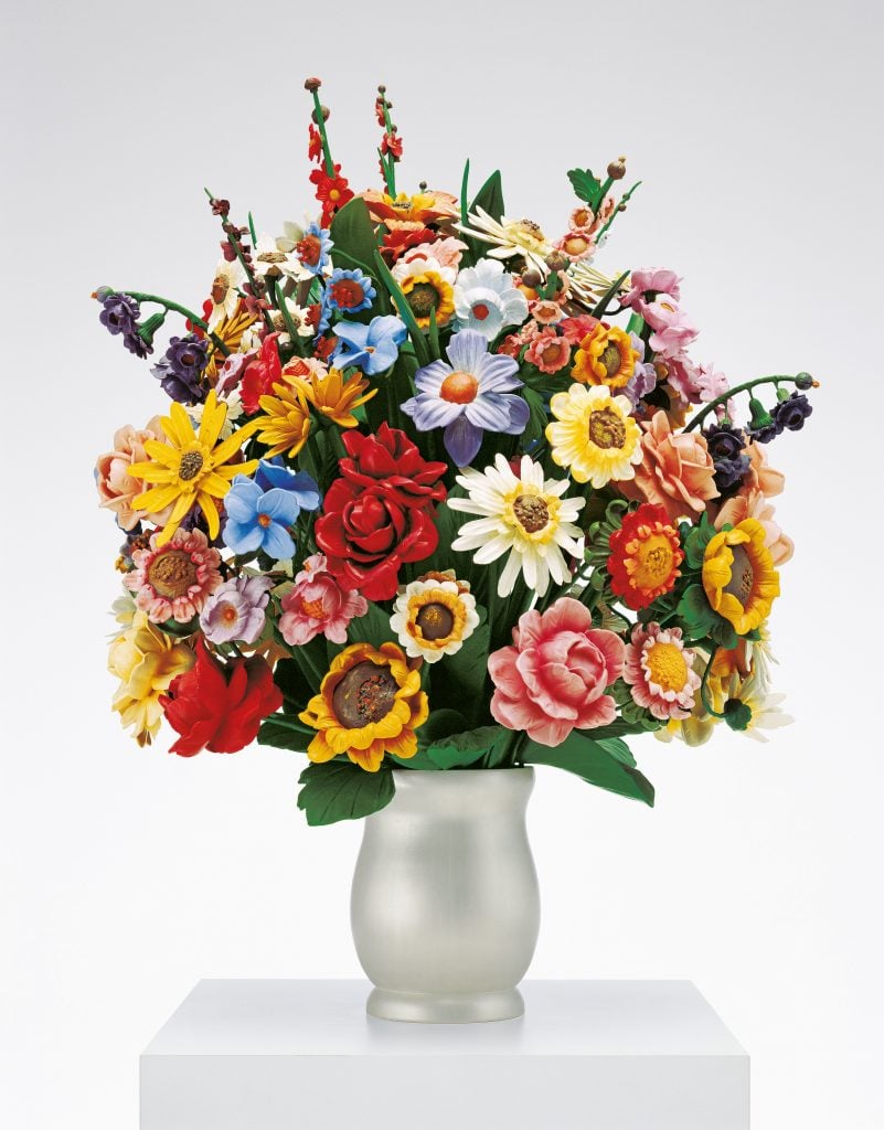 a fake bouquet of flowers by Jeff Koons, <I>Large Vase of Flowers</I> as a part of Chritie's auctions