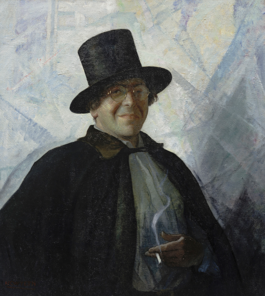 An image of a self portrait painted by N.C. Wyeth depicting the artist in a black cape and top hat amidst a light blue background.