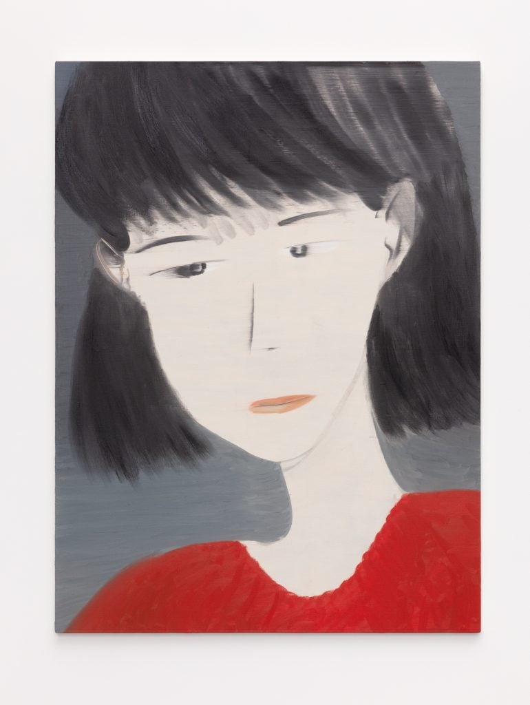 a portrait of an asian girl with short bob and red top