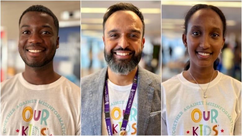 A composite photo of three smiling people wearing t-shifts bearing bright lettering: two students flanking a bearded man.