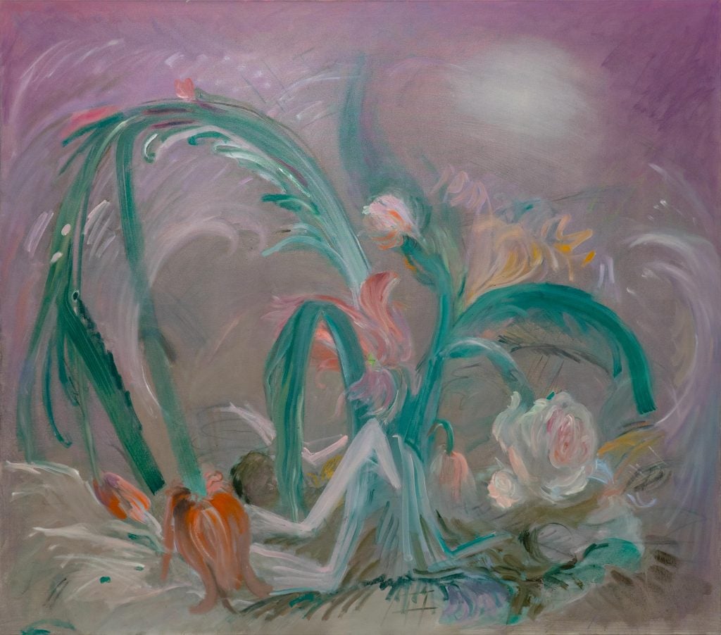 Organic abstraction by Artnet Gallery Network artist Xinran Liu that looks like plant leaves over a hazy pink sky.