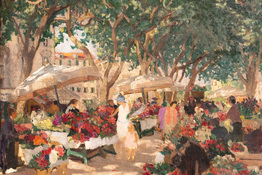 A post-impressionist painting of an outdoor market in the Edwardian era.