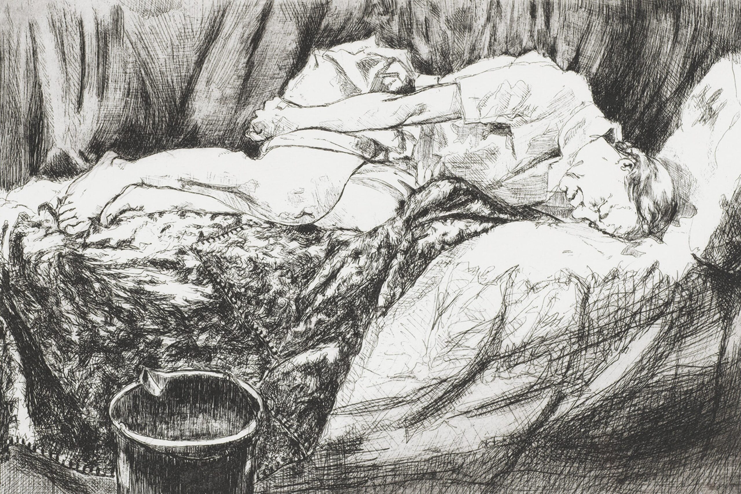 Drawing of man crouching feetle postion on bed.