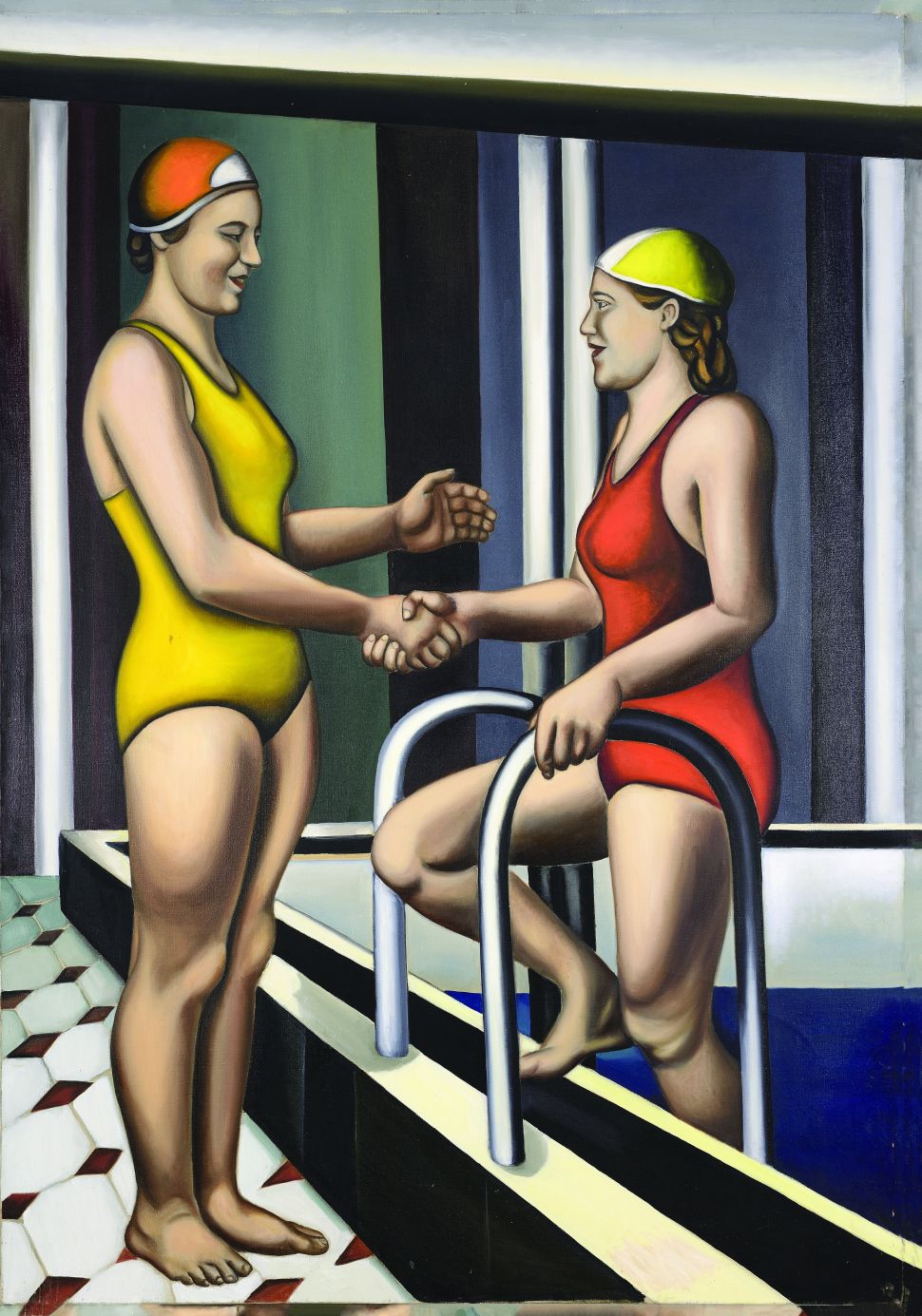 A painting of two women in old-fashioned one-piece bathing suits and bathing caps, greeting one another at the edge of an indoor pool.