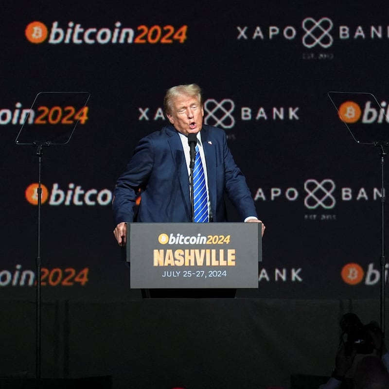 Republican presidential nominee and former U.S. President Donald Trump speaks at the Bitcoin 2024 event in Nashville, Tennessee, U.S., July 27, 2024.