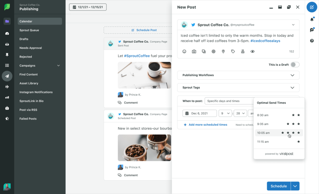 Sprout's Publishing Calendar in list view, with the compose flyout box and the mouse curser over the ViralPost Optimal Send Times feature.