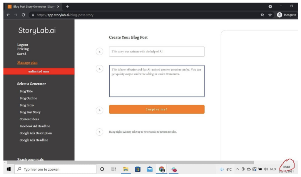 Dashboard view of StoryLab.ai that shows how to write blog content.