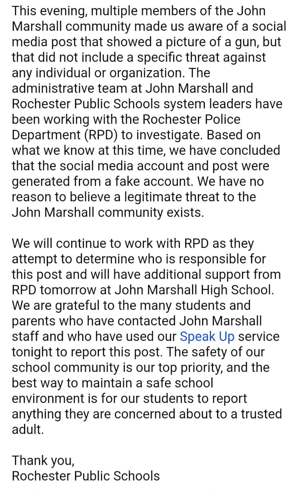 RPS informing parents of a potential threat via email.