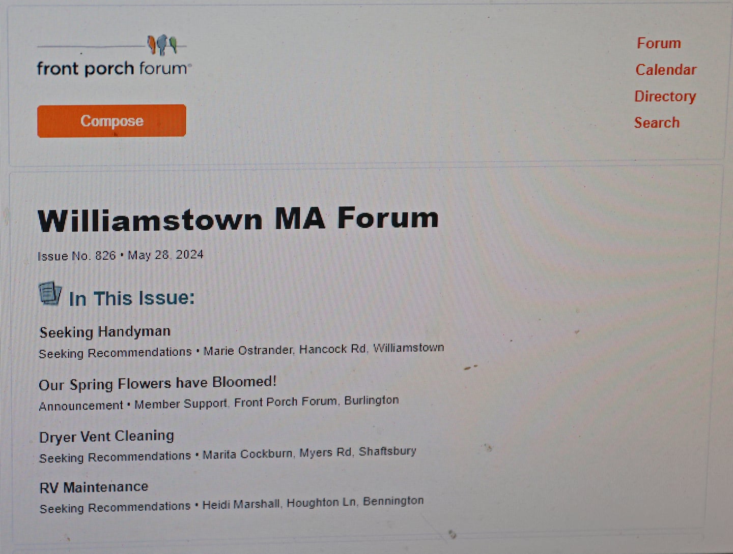 A view of the Front Porch Forum, which has quietly grown in recent years to become Vermont’s most popular social network.