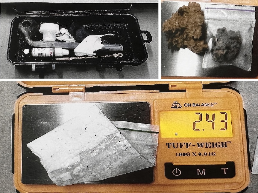 A glass pipe and little bottle in top left, bids of cannabis in top right and bad of white substance on orange scales bottom