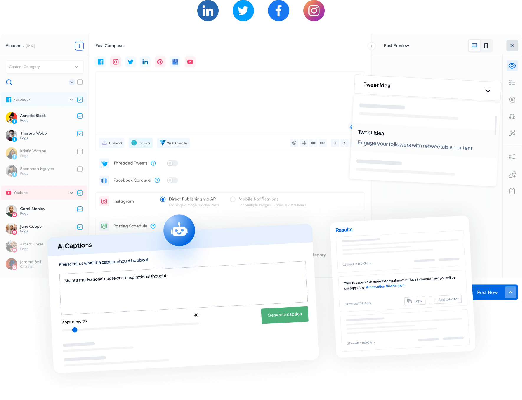 Illustration showing how AI social media tool ContentStudio helps you create AI-generated copy and captions from pre-made templates for LinkedIn, X, Facebook and Instagram. 