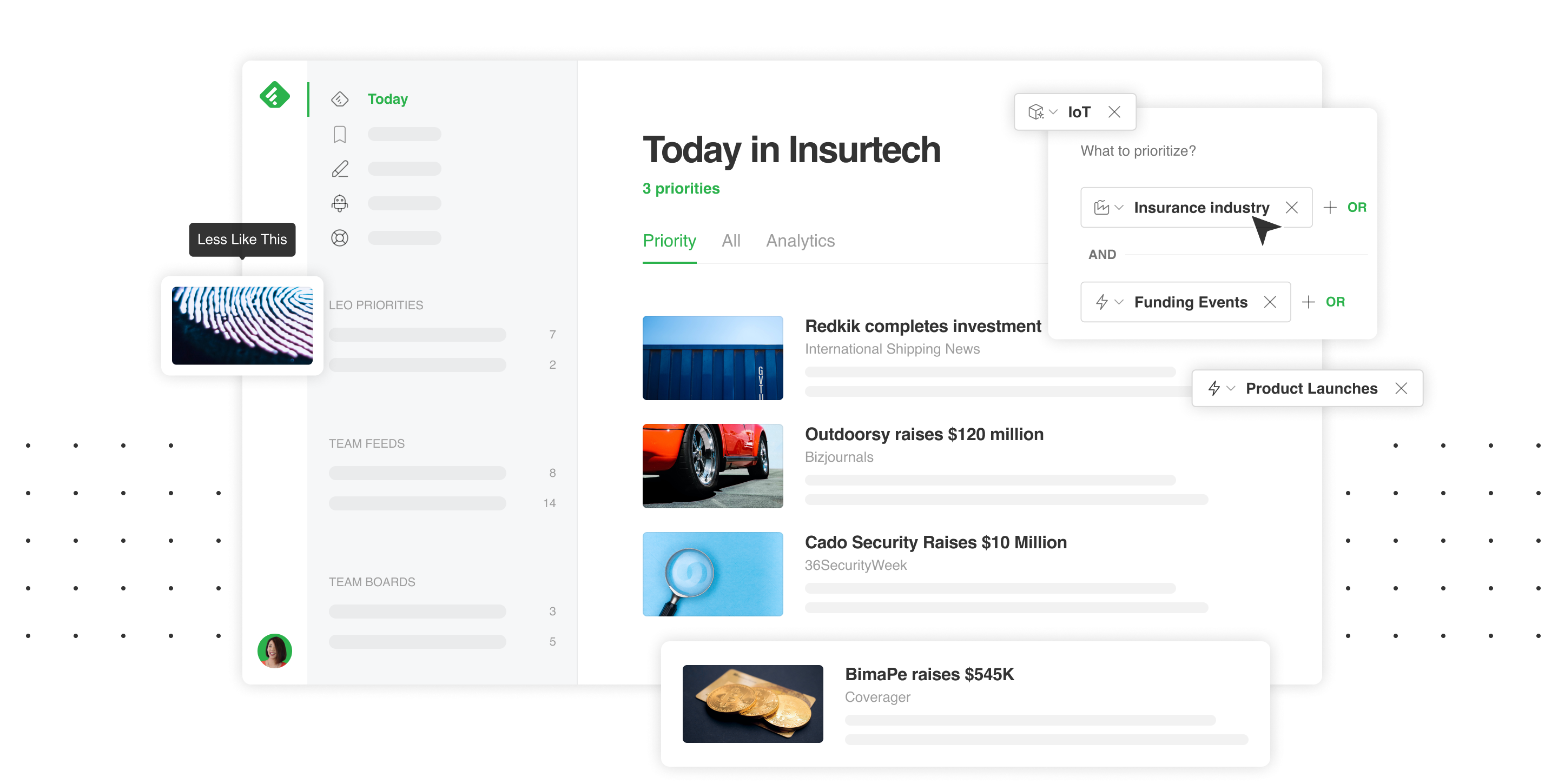 Feedly's dashboard showing brand and customer insights from news, blogs and newsletters.