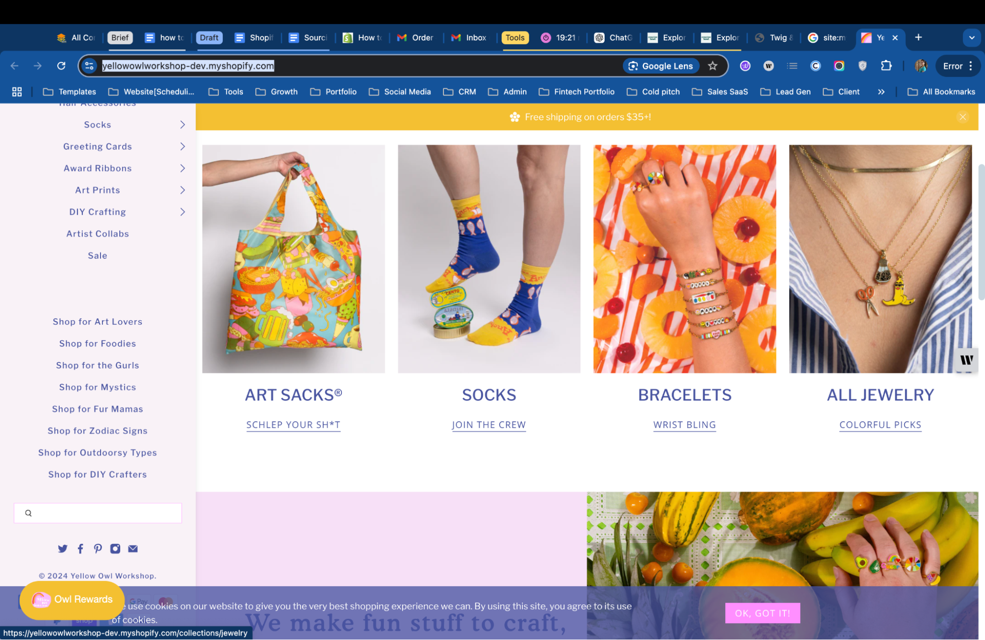 Homepage of Yellow Owl Workshop showing “art sacks,” “socks”, “bracelets,” and “all jewelry”