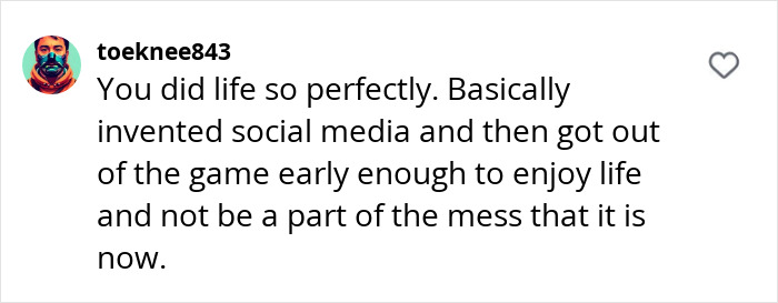 A user comment praising MySpace founder for inventing social media and retiring early.