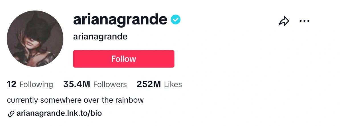 screenshot of Ariana Grande's TikTok page