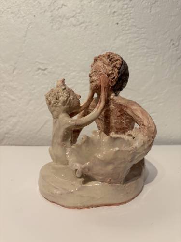 “Lütfen Babaanne, Feed Me,” by Emine Cichowski. Cichowski, who was born in Turkey, became a potter after she retired in 1998. Her work is part of “Remember to Remember” at A.P.E. Jan. 8 to Feb 1.