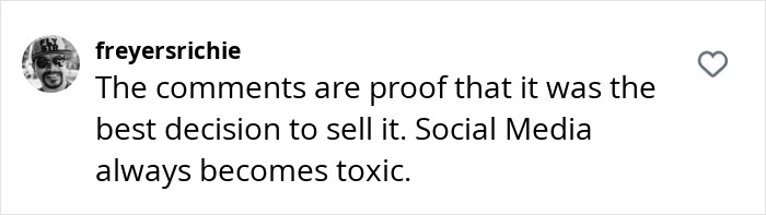 Comment discussing the decision of MySpace founder Tom Anderson to sell the platform, highlighting social media toxicity.