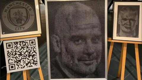 Dice Ideas A portrait of Pep Guardiola made from dice alongside a Manchester City club crest, a smaller portrait of Erling Haaland and a QR code.