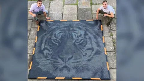 Dice Ideas Image of Ross and Ben crouching next to large artwork of a tiger placed on the floor