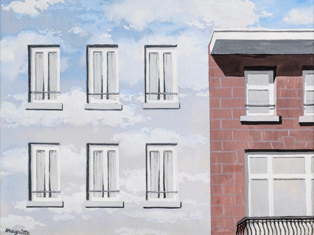 a painting of a brick building with windows, painted with clouds