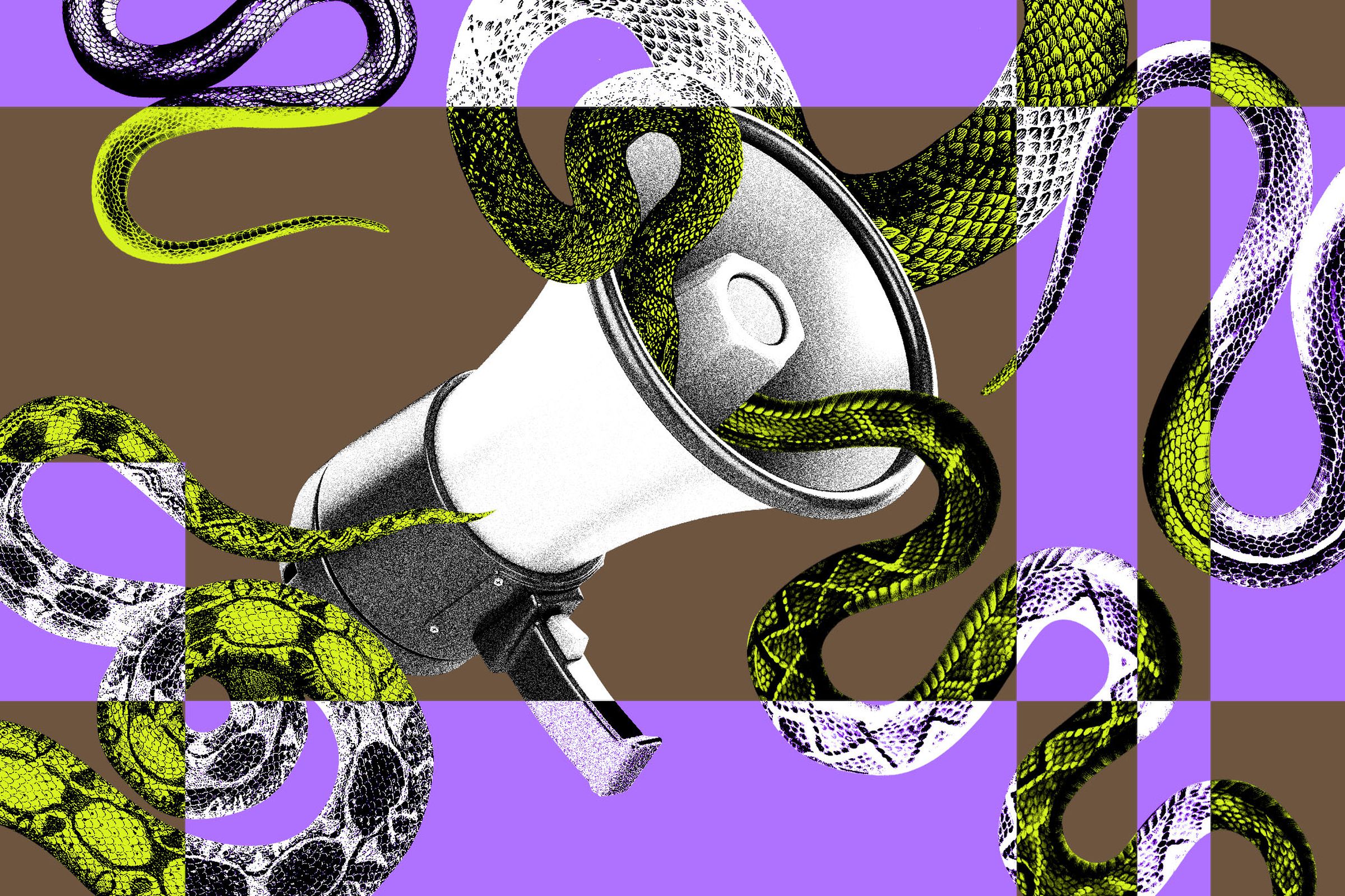 Digital collage of snakes slithering out of a megaphone with a glitchy filter.