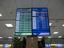 The arrivals and departures sign inside the Regina International Airport on Friday, September 13, 2024 in Regina. 