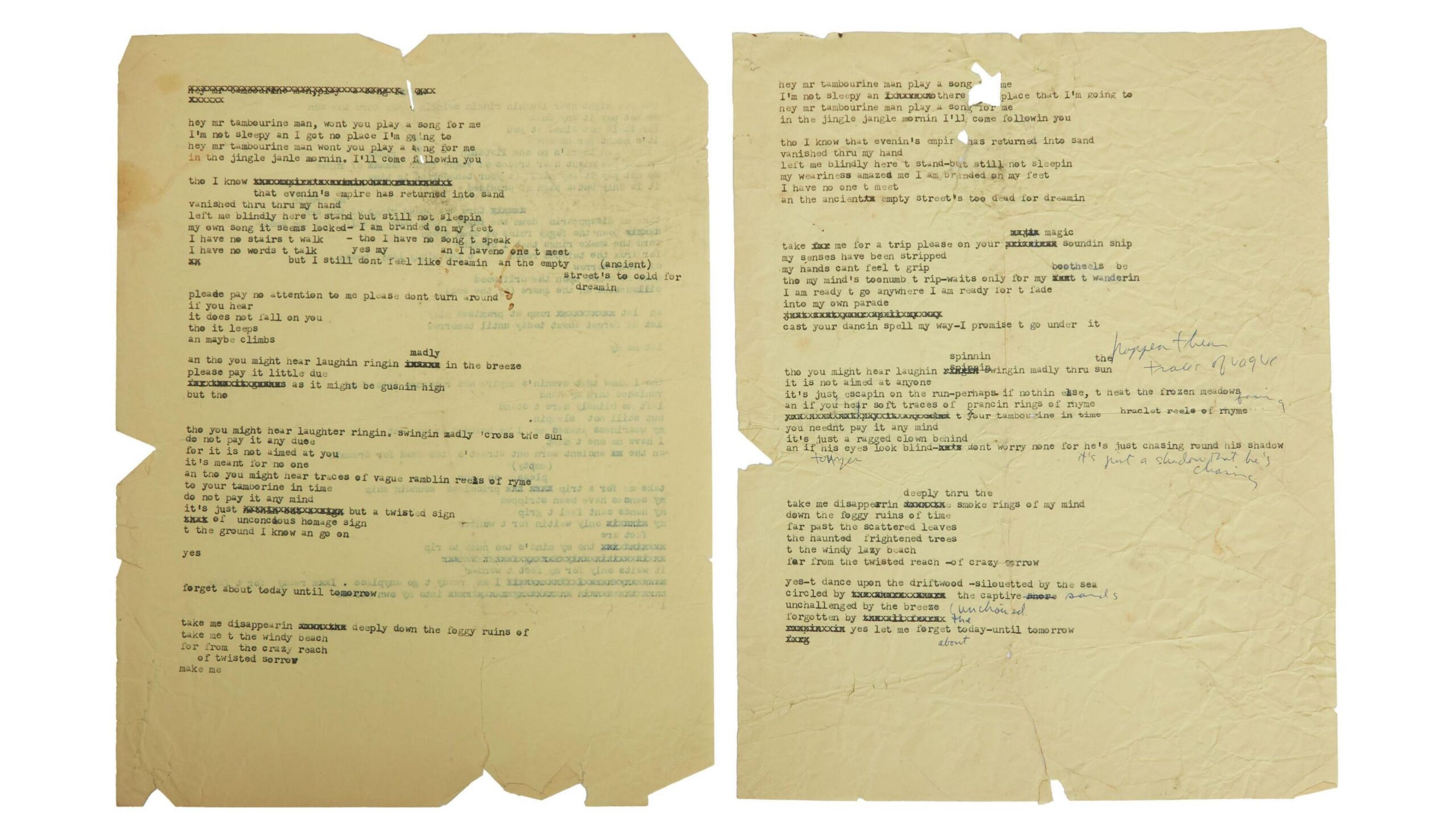 The typewritten draft lyrics of Mr Tambourine Man on faded paper with Bob Dylan's handwritten notes on them