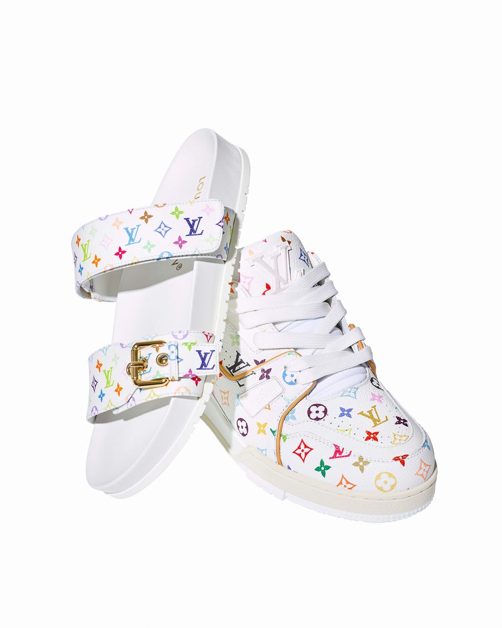 footwear set including a sneaker and a sandal featuring colorful designs