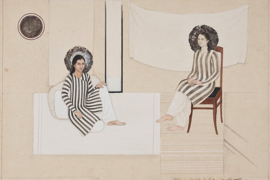 Painting of two similar looking women, in black striped shirts and white pants. One sits and one stands.