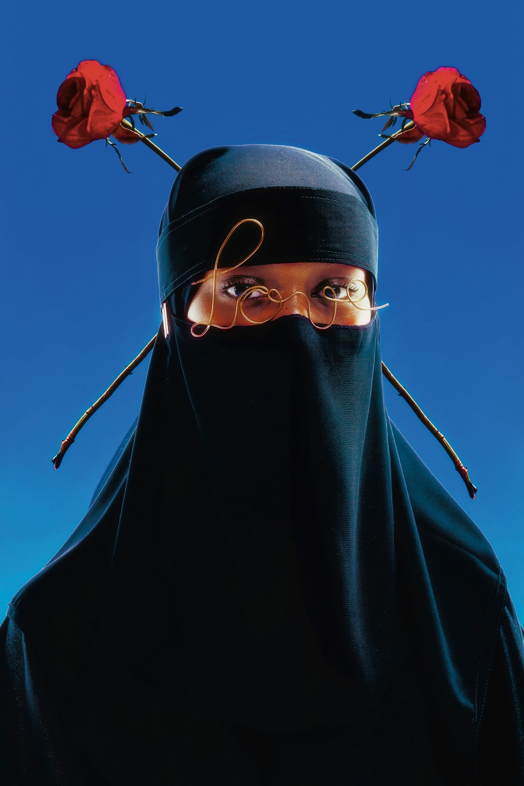 a striking portrait of a figure wearing a niqab, with roses on her head and wire worn like glasses in front of her eyes that reads 