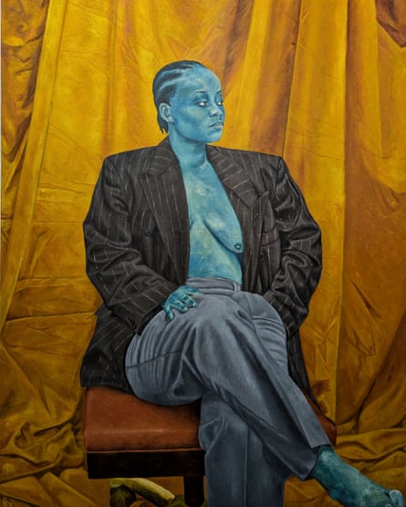 Painting of a blue woman in a suit with bare breasts posed on a chair