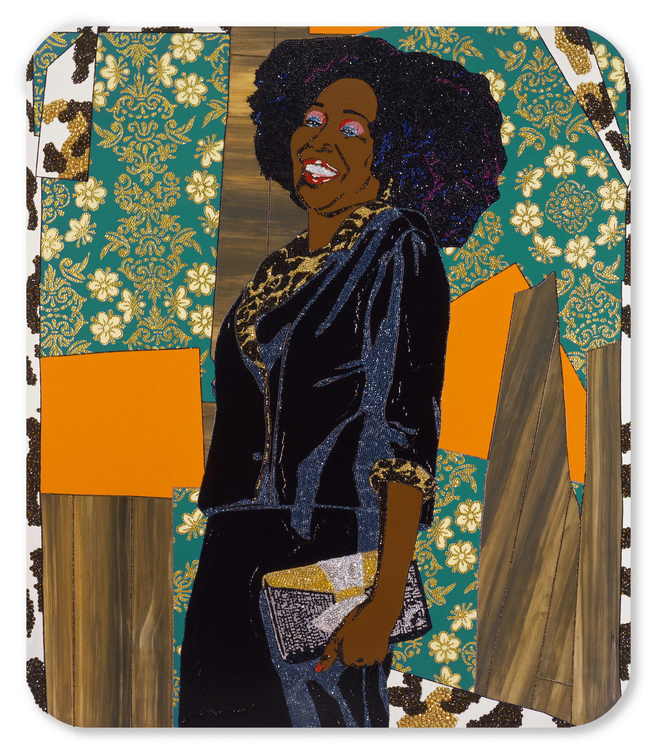 Illustration of a woman in a black jacket and pants, holding a purse, against a colorful patterned background.