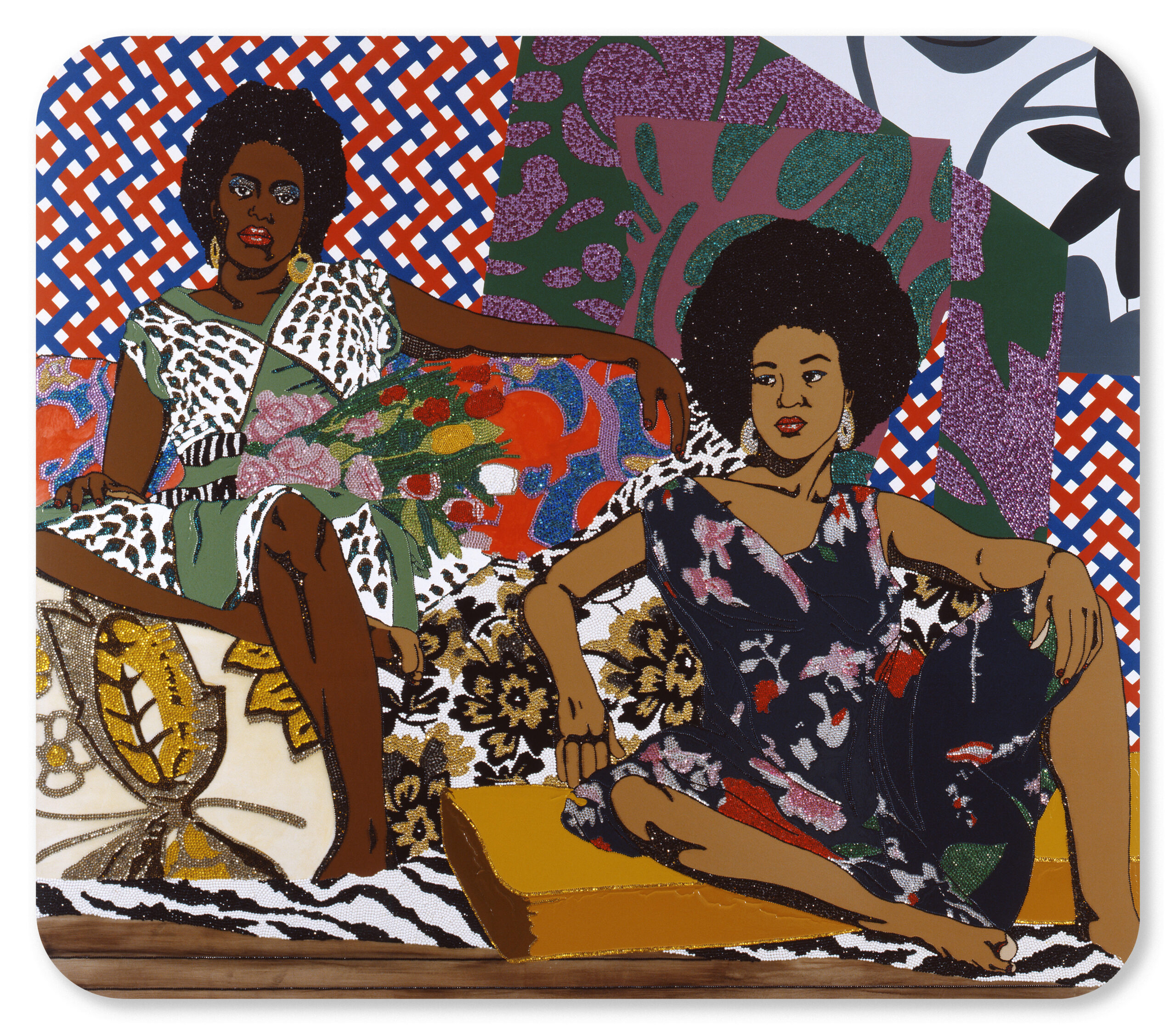 Illustration of two women sitting on a patterned couch.