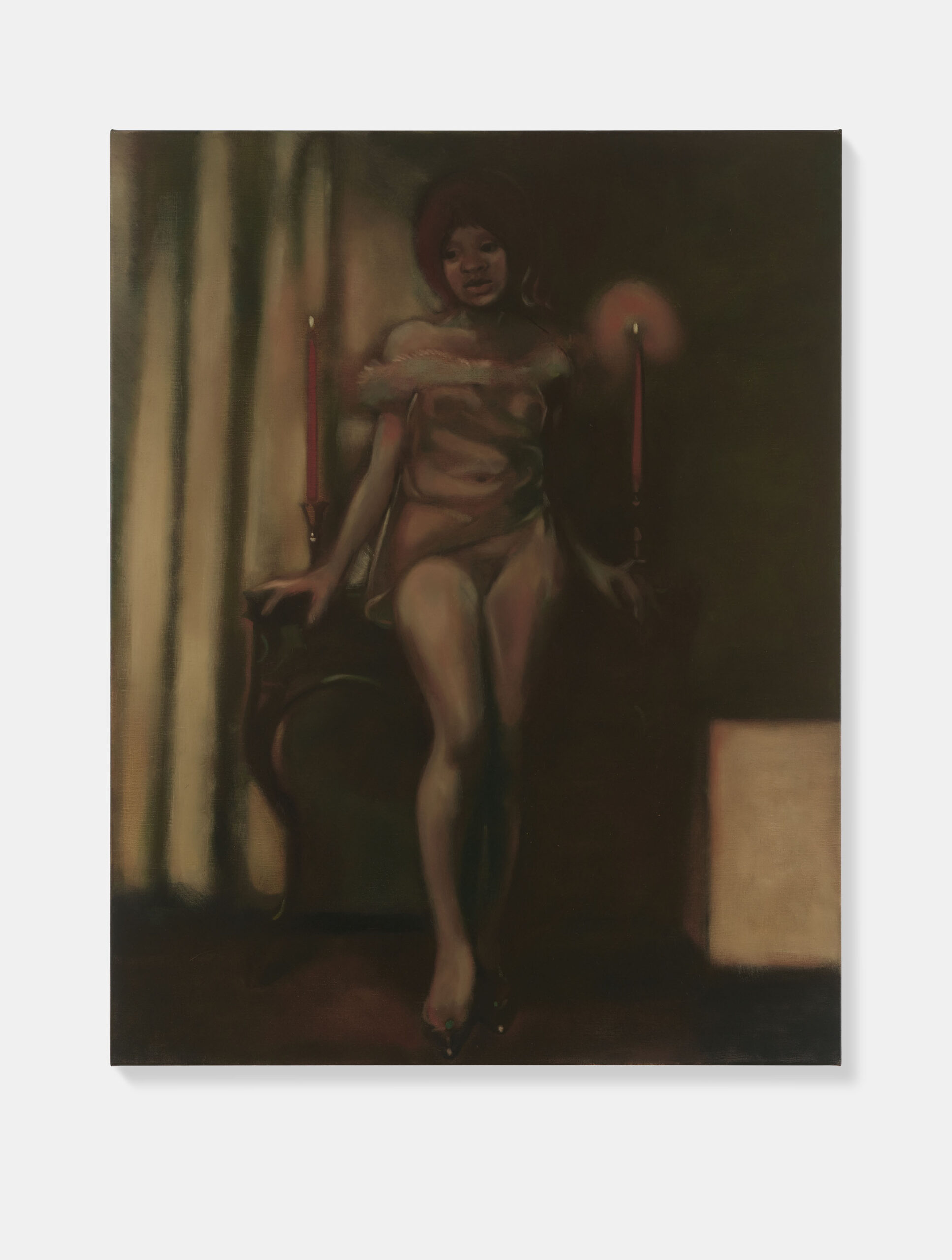 Painting of a woman in a nightgown standing by a table with lit candles.