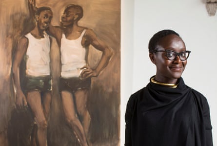 Lynette Yiadom-Boakye in front of an artwork of two black men in white vests and black shorts 