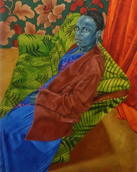 Painting of a woman with blue skin and in a blue dress with suit jacket resting on a green couch