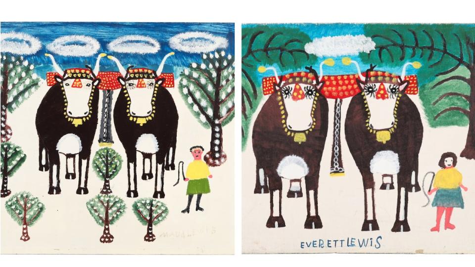 These two paintings are for sale through the auction. Both are works by Everett Lewis, despite the faint Maud Lewis forged signature on the left painting.