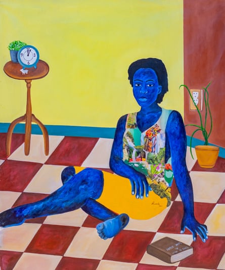 Painting of a blue woman sitting on a chequered floor