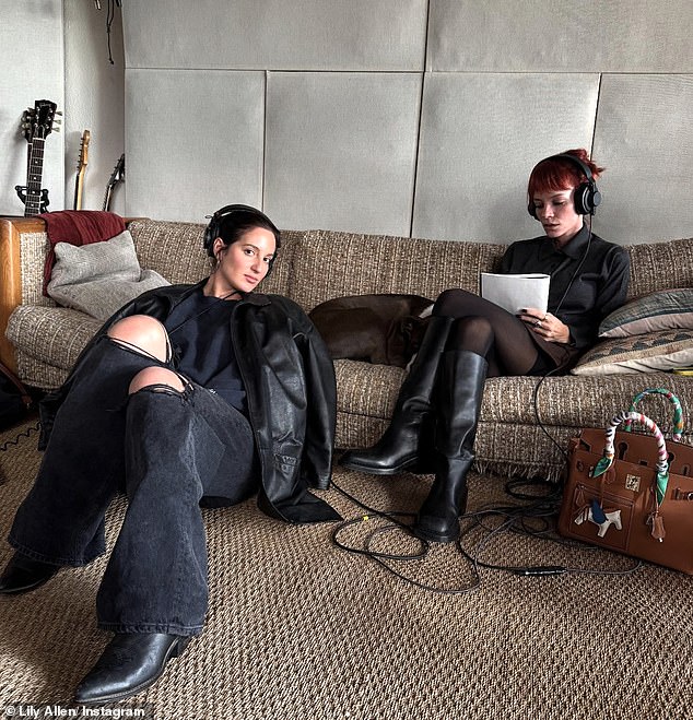 The photos captured the pair hard at work, with both wearing headphones while Lily writes potential lyrics in a large notebook