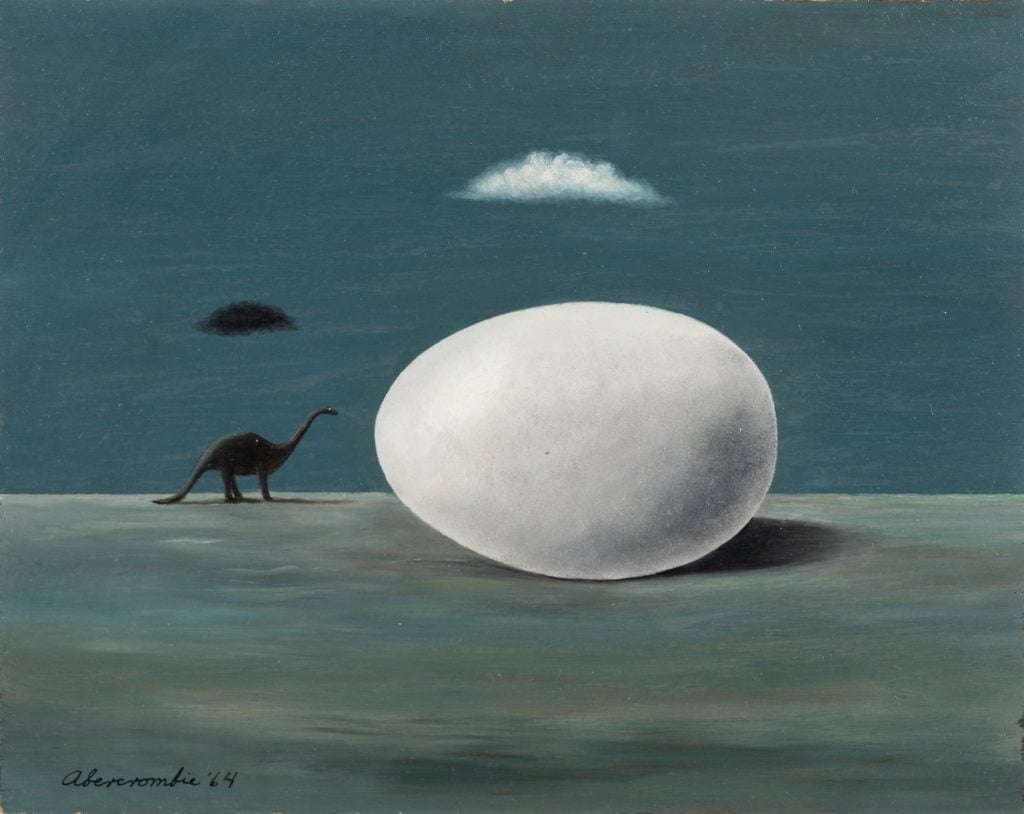 an image of a painting with a blue and green background and a dinosaur pictured next to a large oval egg resting on its side