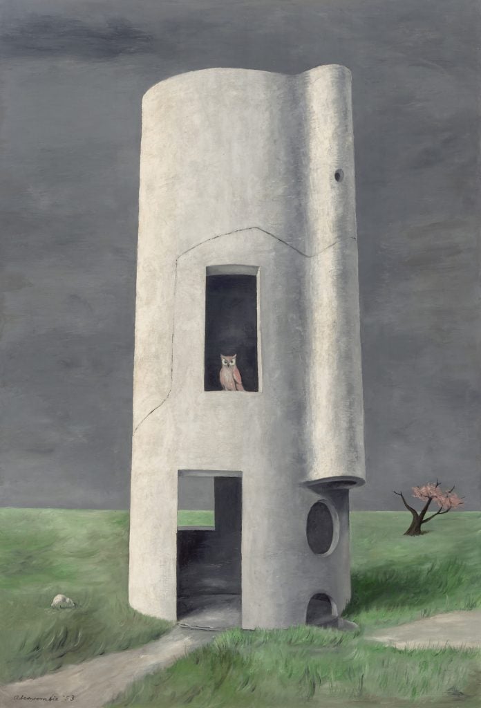 a painting of a gray silo with an owl perched on the ledge of a rectangular windo