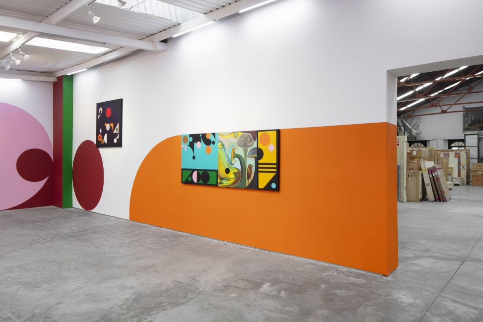 A wall painted with geometric compositions and bright colors with paintings hanging while behind we can see an art storage with crates and boxes.