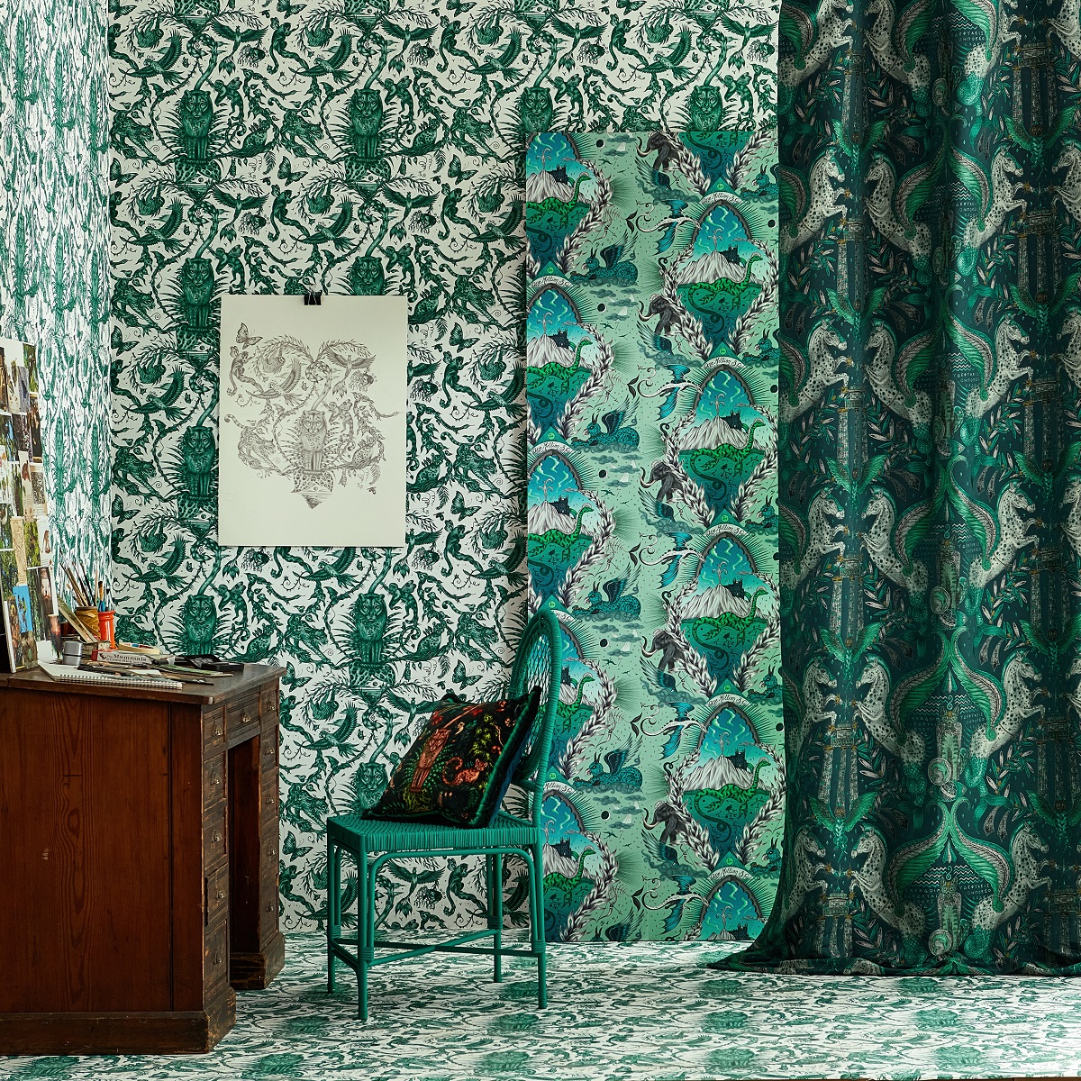 wallpaper and fabrics in shades of green