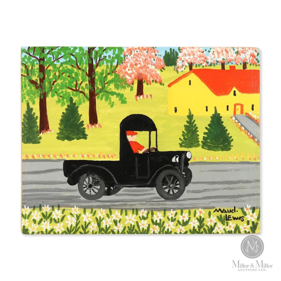 Maud Lewis painted Black Truck as a serial image, meaning there are similar paintings but no two works exactly alike. She gifted this version to Ontario artist John Kinnear in 1967. 