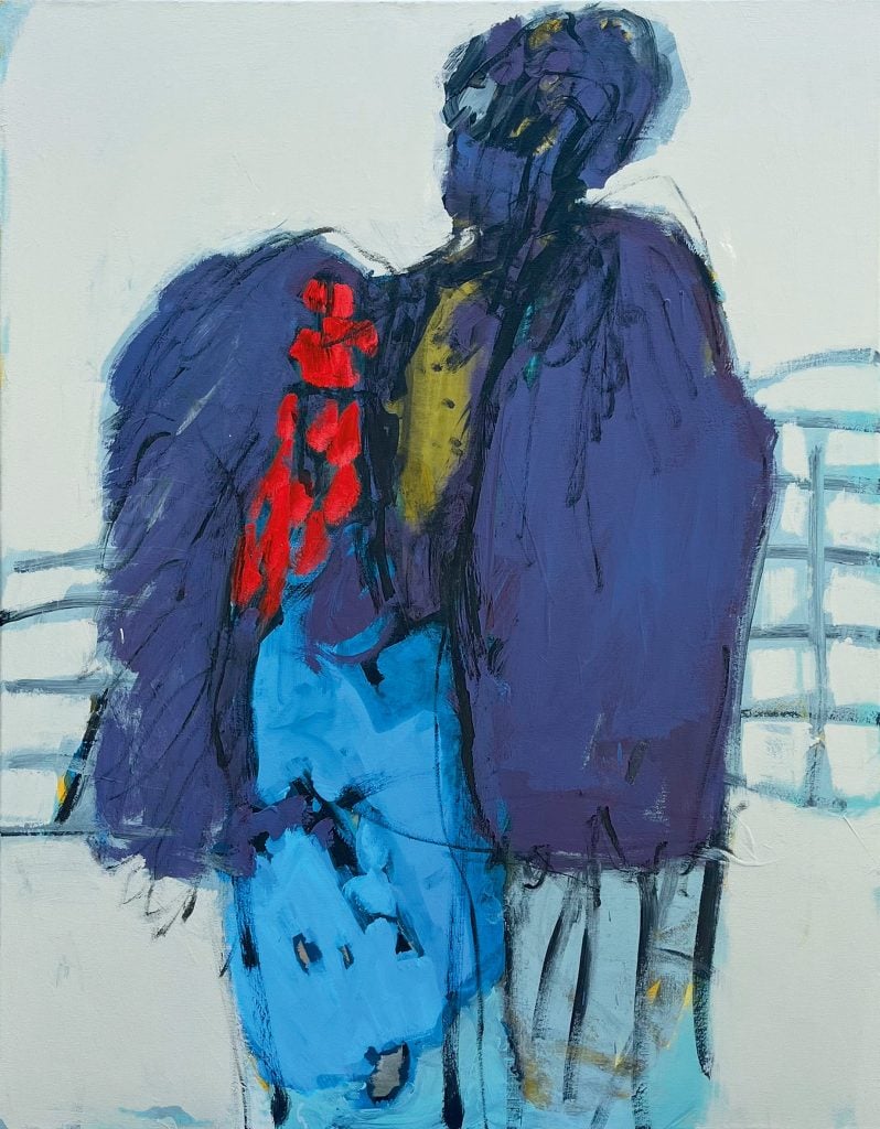 An abstract painting titled Fit for a King by Claudia Meitert, exhibited at Art Affair. The artwork features a loosely defined figure painted in bold hues of deep purple, blue, and yellow, with expressive red accents on the shoulder. The brushstrokes are gestural and textured, creating a sense of movement. The background is a pale, off-white space with faint architectural elements, such as railings or structures, adding depth. The painting conveys a sense of regality and mystery through its expressive abstraction.