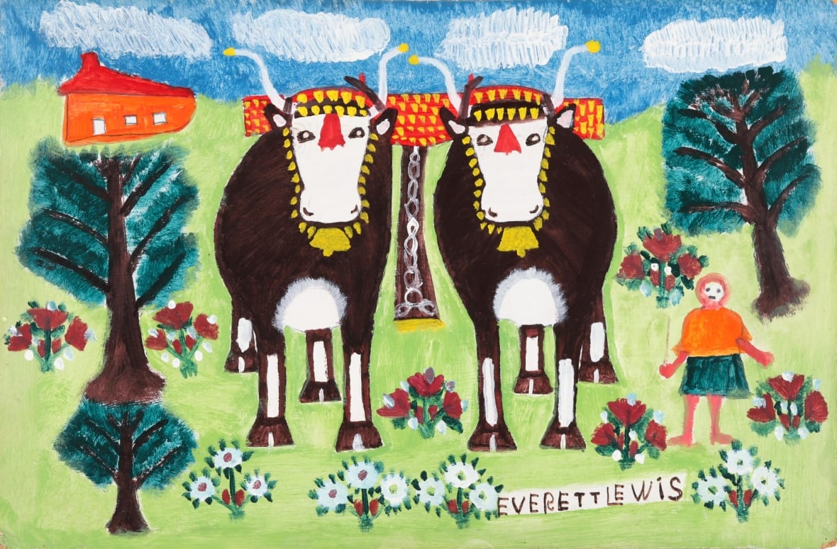 A painting shows two oxen and a woman.